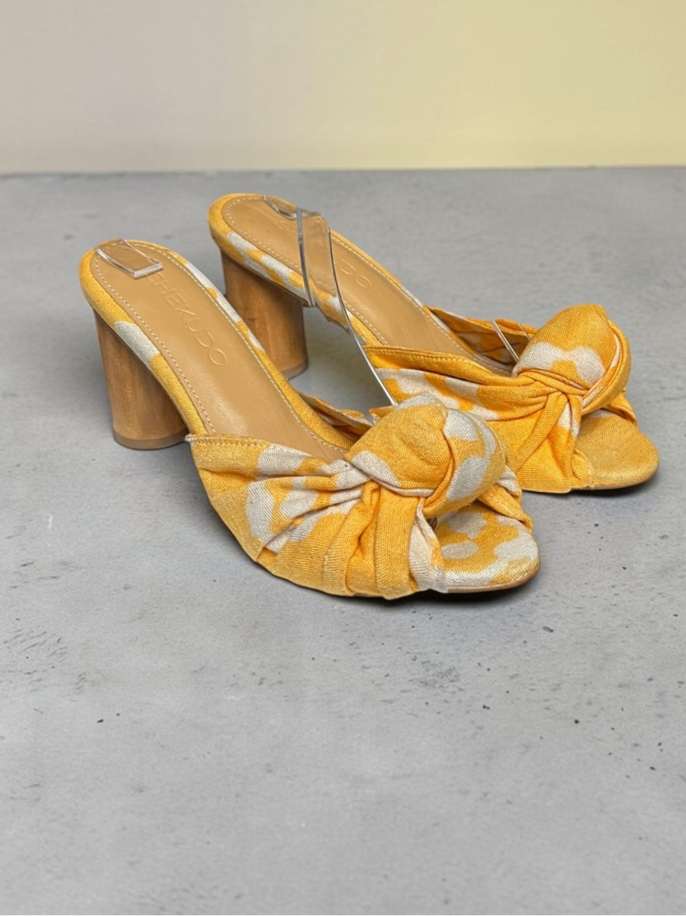 🌻SHEKUDO Billy Button Twisted Canvas Slide Sandals Wood Block Heel Size 40/9.5